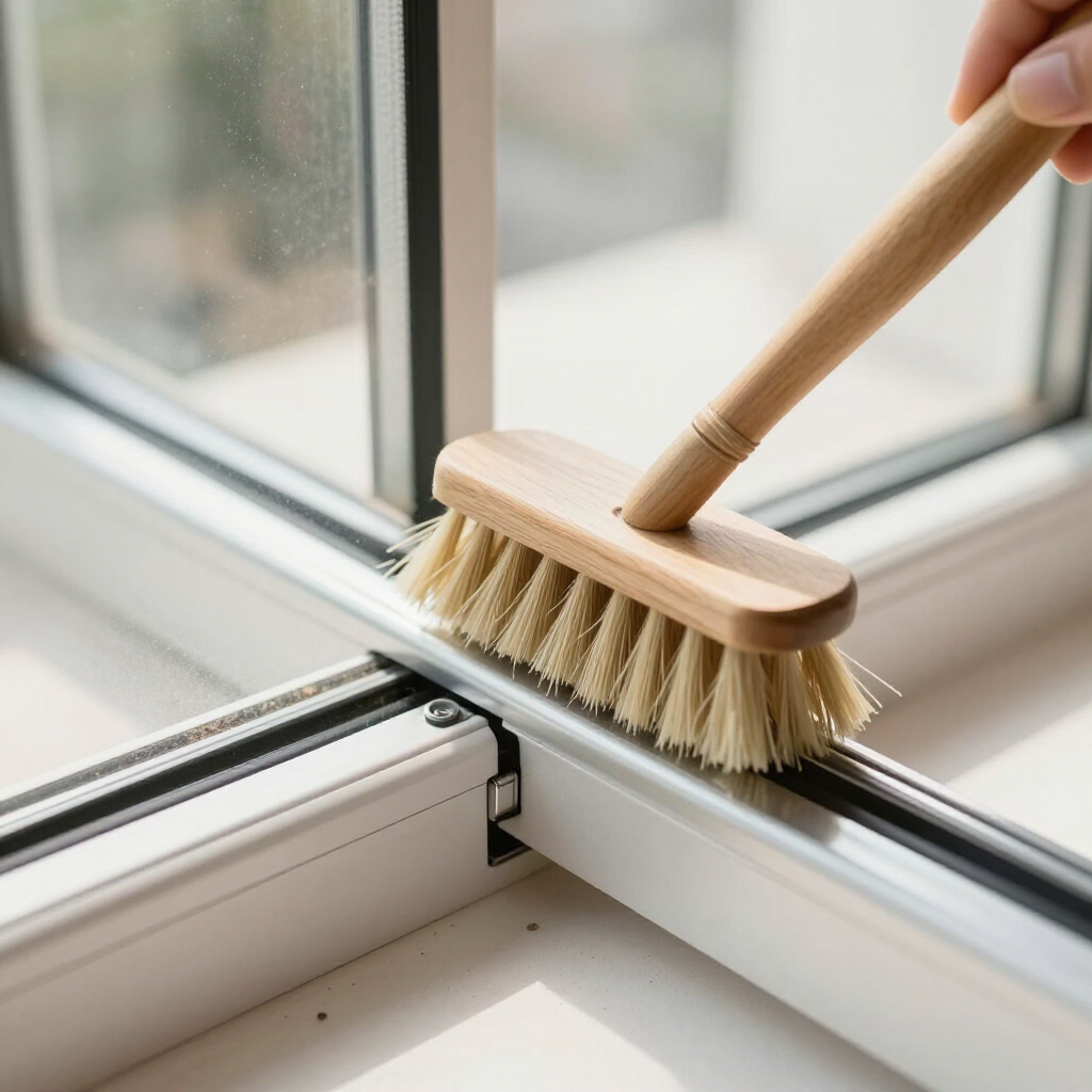 Brush cleaning a white window track and corner on a windowsill