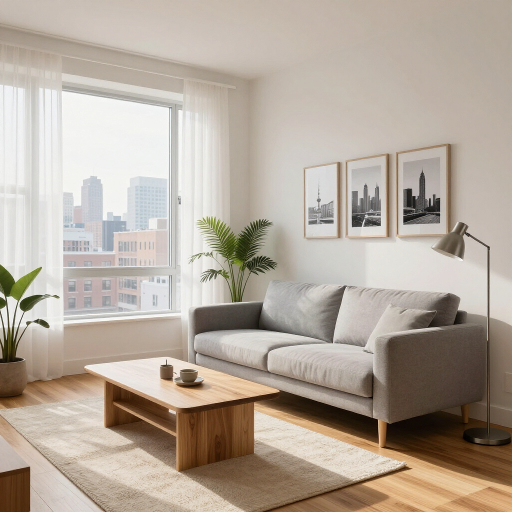Bright living room with gray sofa, wooden coffee table, large window, plants, and framed wall art.