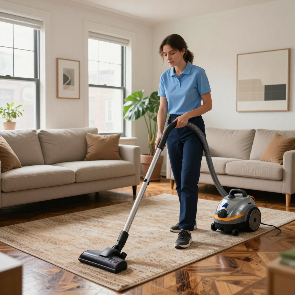 Woman vacuuming a living room with beige sofas, rug, and hardwood floors.