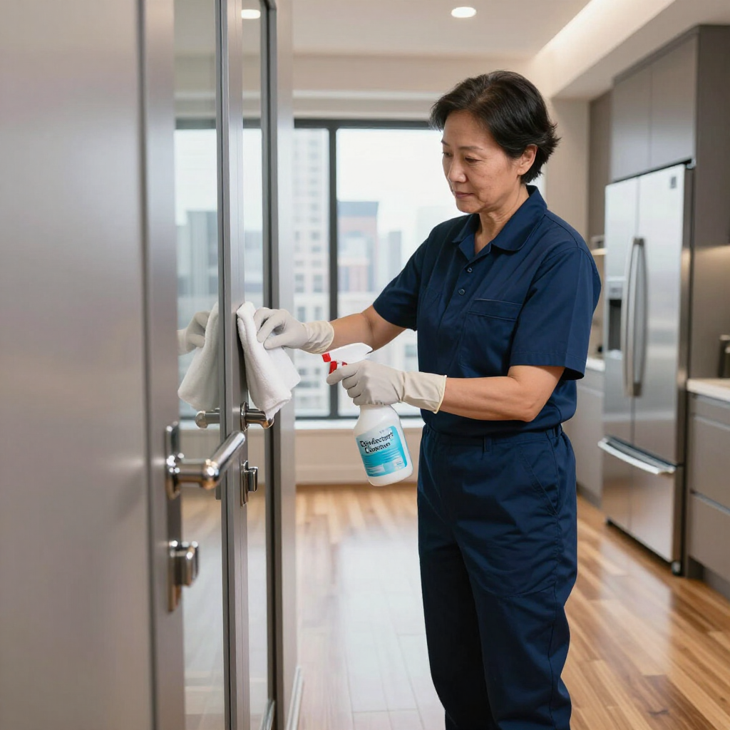 Cleaner in navy uniform disinfecting a kitchen door handle with spray cleaner in a modern apartment