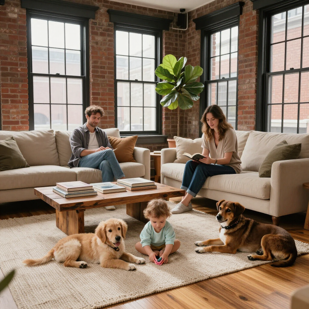 Living room with two people on sofas, three dogs on a rug, and a child playing on the floor