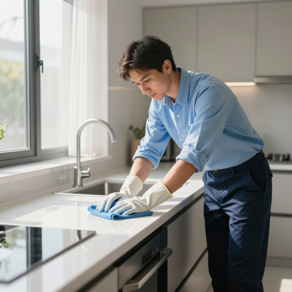 Person wiping a kitchen counter with a blue cloth near a sink and window