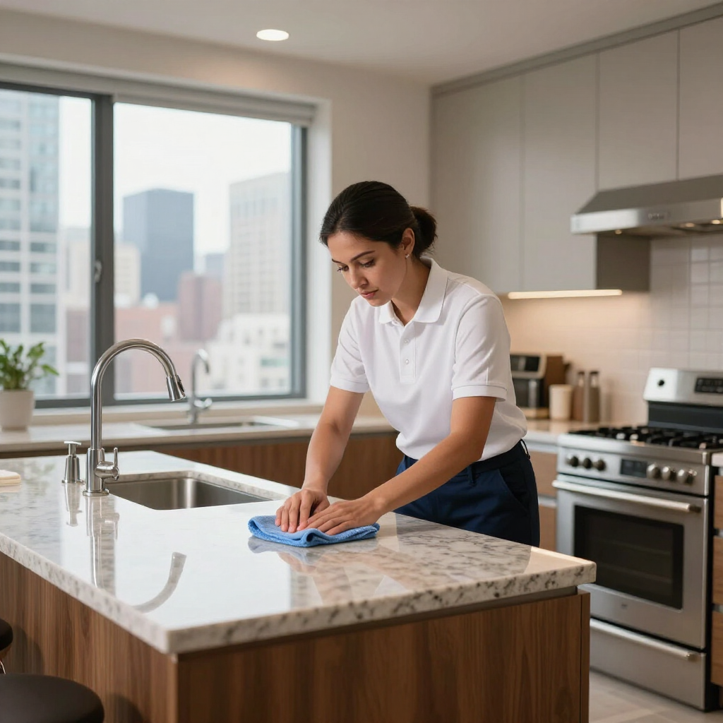 Person cleaning a kitchen island with a blue cloth in a bright modern kitchen