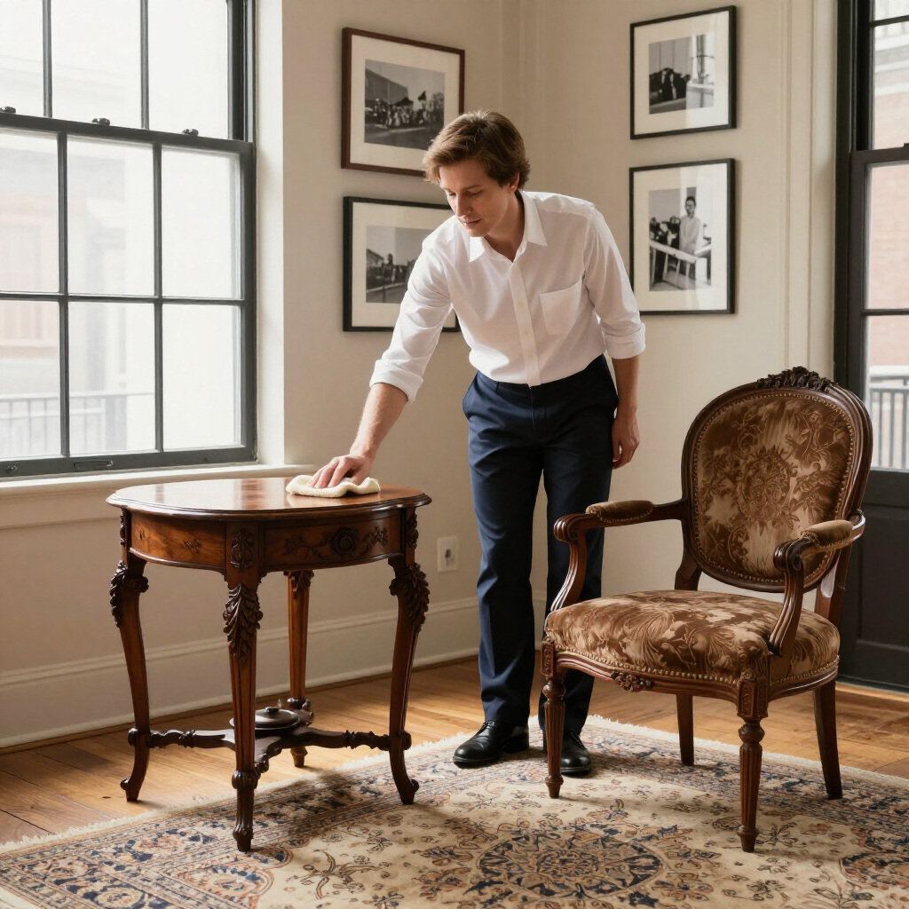 Man in white shirt adjusting a small wooden table beside an upholstered chair in a sunlit room.