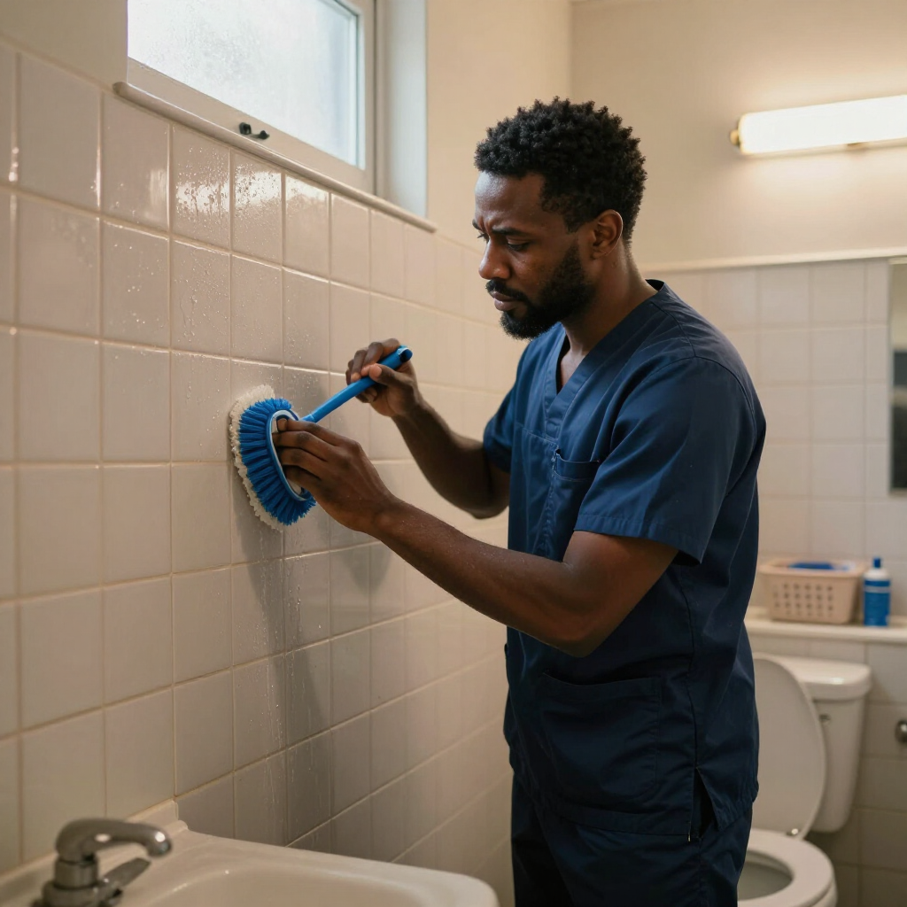 Man in blue scrubs scrubbing a tiled bathroom wall with a brush