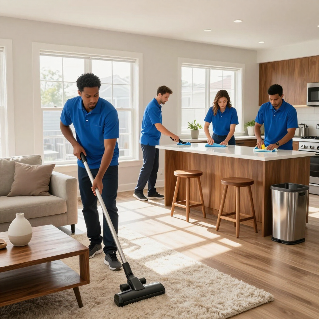 Cleaning crew vacuuming a bright living room and kitchen with hardwood floors and bar stools