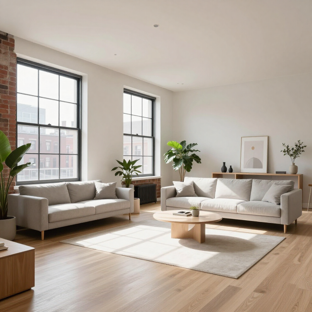 Bright modern living room with beige sofas, large windows, plants, and a coffee table on a sunlit rug