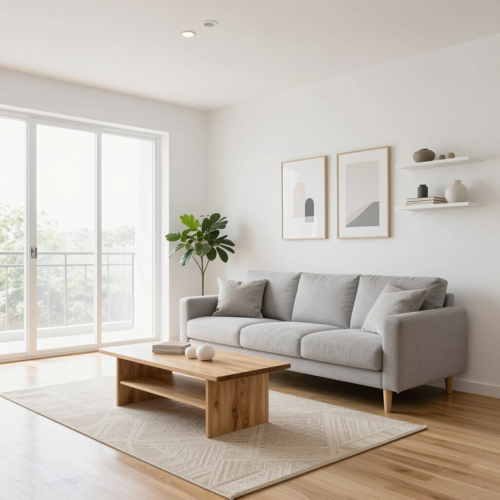 Bright minimalist living room with gray sofa, wooden coffee table, rug, plants, and large sliding glass doors