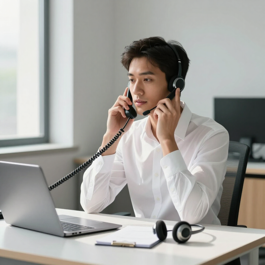 Man in white shirt wearing headset on a video call at a desk with laptop and office supplies