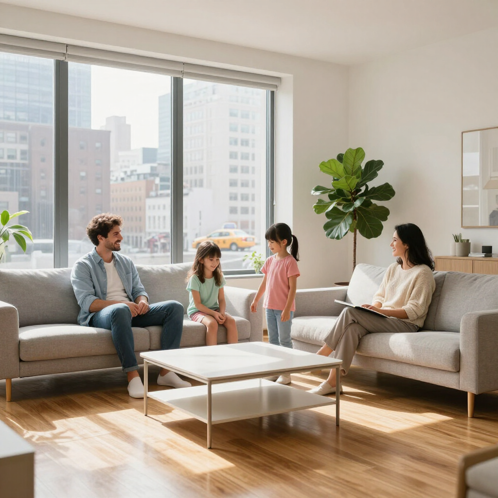 Family talking in a bright living room with large windows and a coffee table
