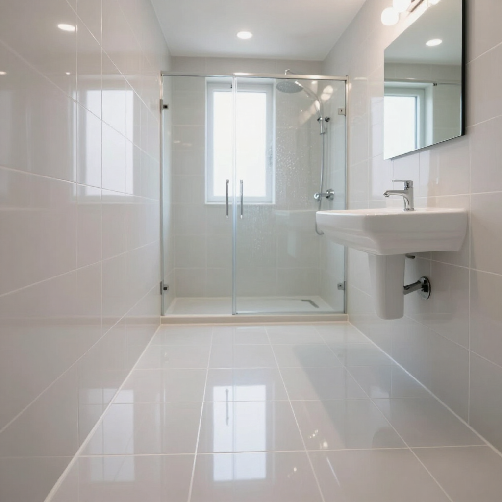 Bright white modern bathroom with glass shower, wall-mounted sink, and large mirror.