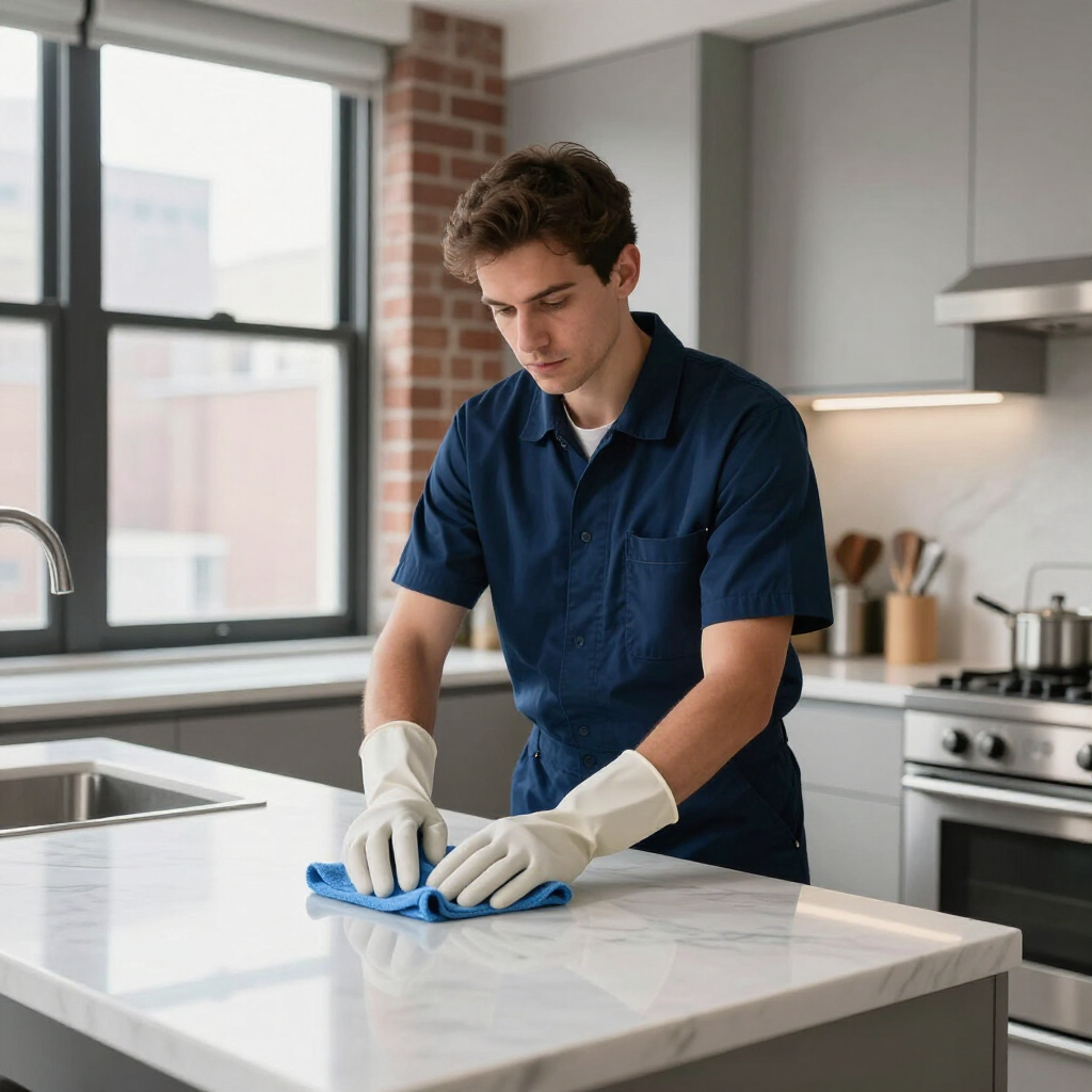 Person wiping a white kitchen countertop with a blue cloth in a modern kitchen