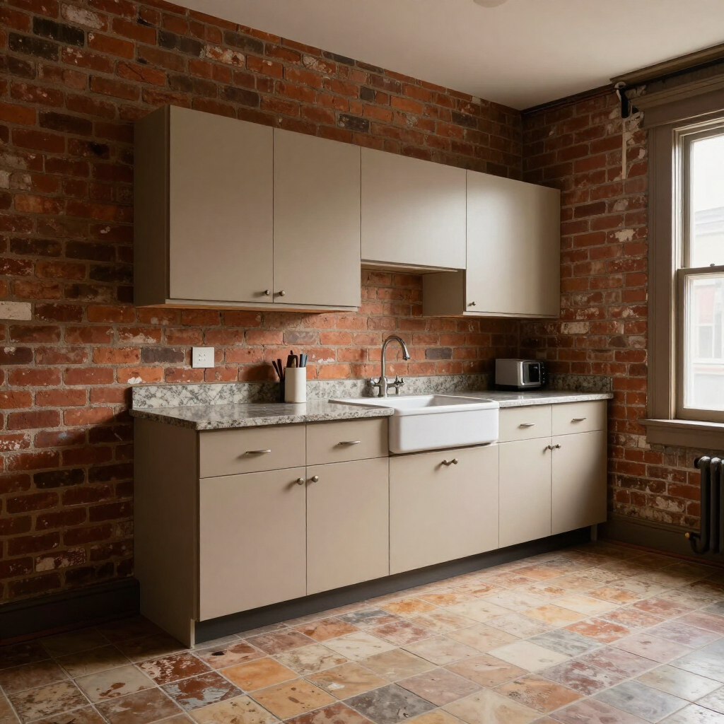 Small kitchen with beige cabinets, brick walls, granite countertop, tiled floor, sink, and a window.