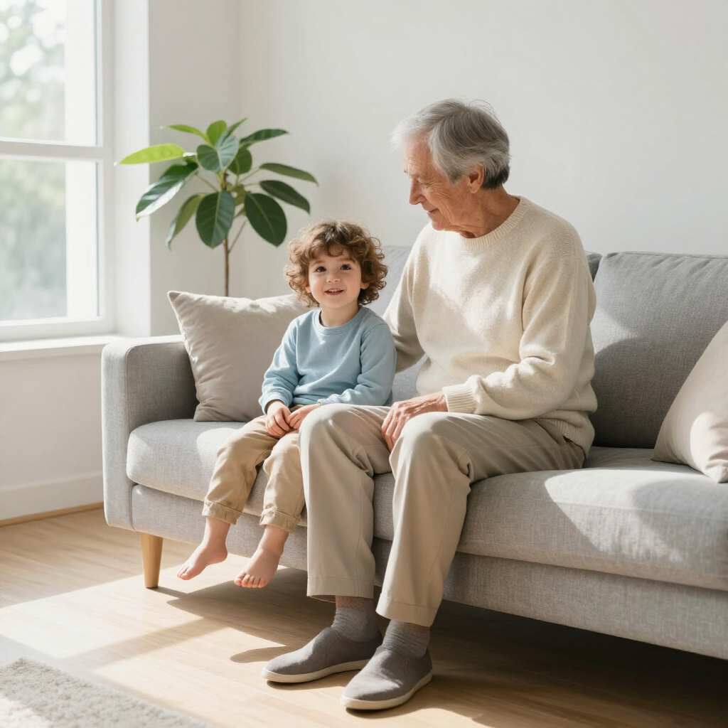 Older man and smiling child sitting together on a light gray sofa in a bright living room