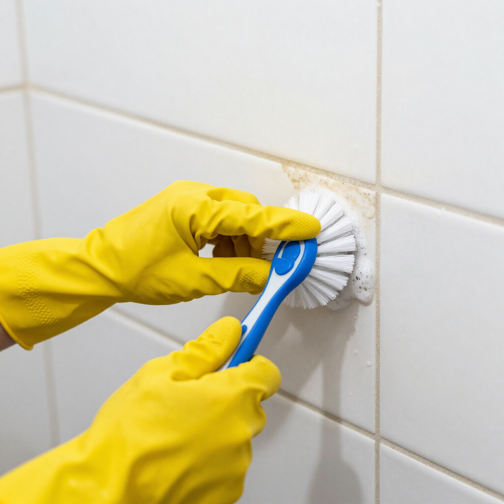 Yellow gloves scrubbing bathroom tile grout with a blue brush