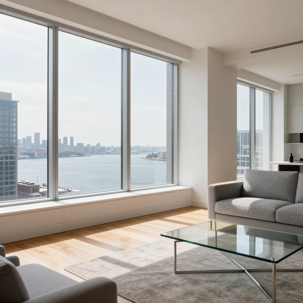 Sunlit modern living room with floor-to-ceiling windows, gray sofa, glass coffee table, and waterfront city view