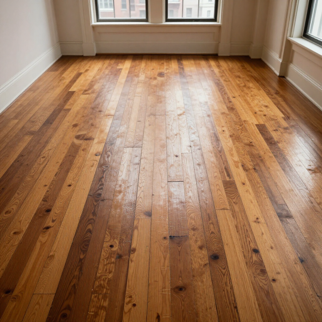 Empty room with polished hardwood floors and large windows overlooking a city view