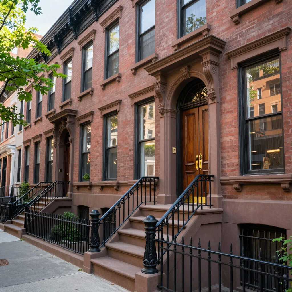 Brownstone row houses with black iron railings on a quiet city street