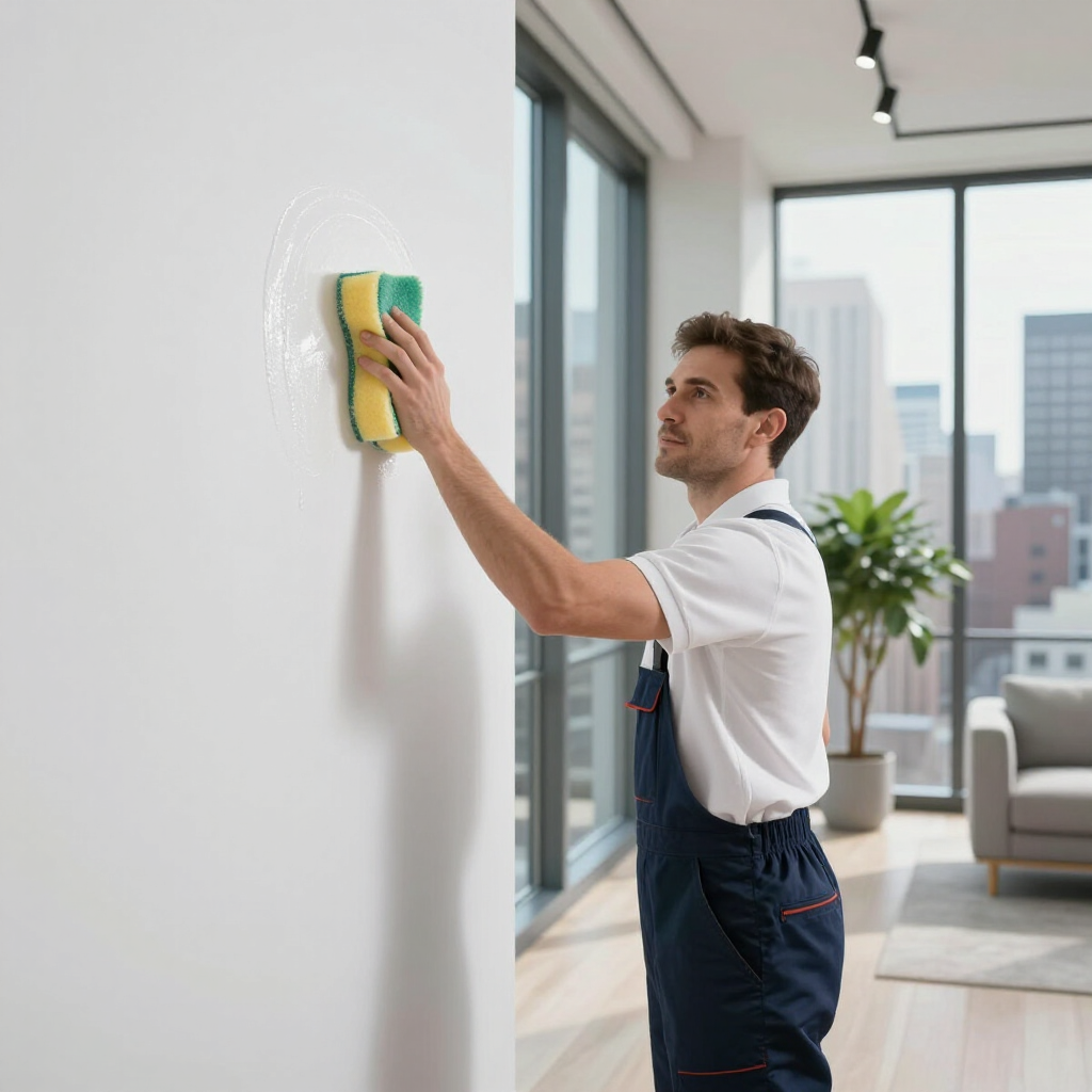 A person in blue overalls wipes a white wall with a yellow-and-green sponge in a bright modern apartment.