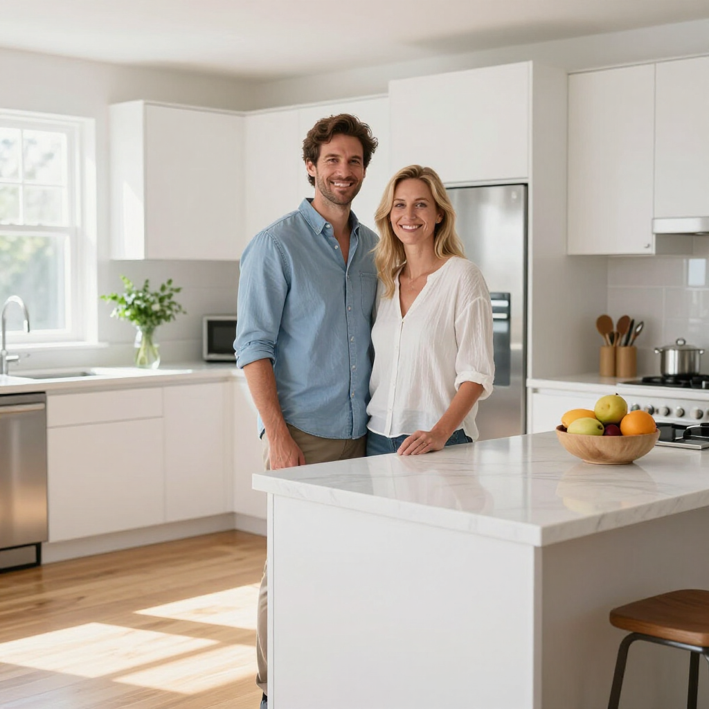 Couple smiling in a bright modern kitchen with white cabinets and a kitchen island