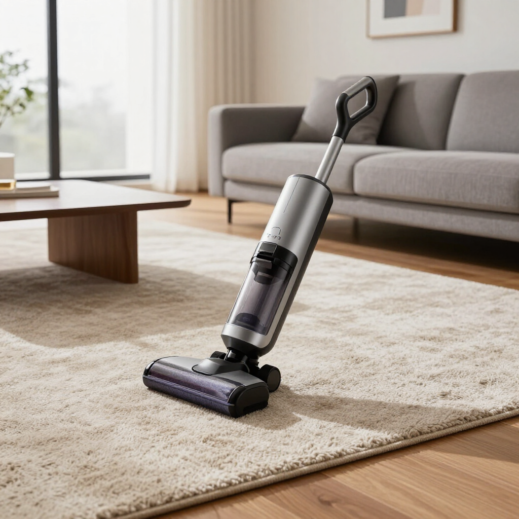 Cordless vacuum cleaner cleaning a beige rug in a bright living room
