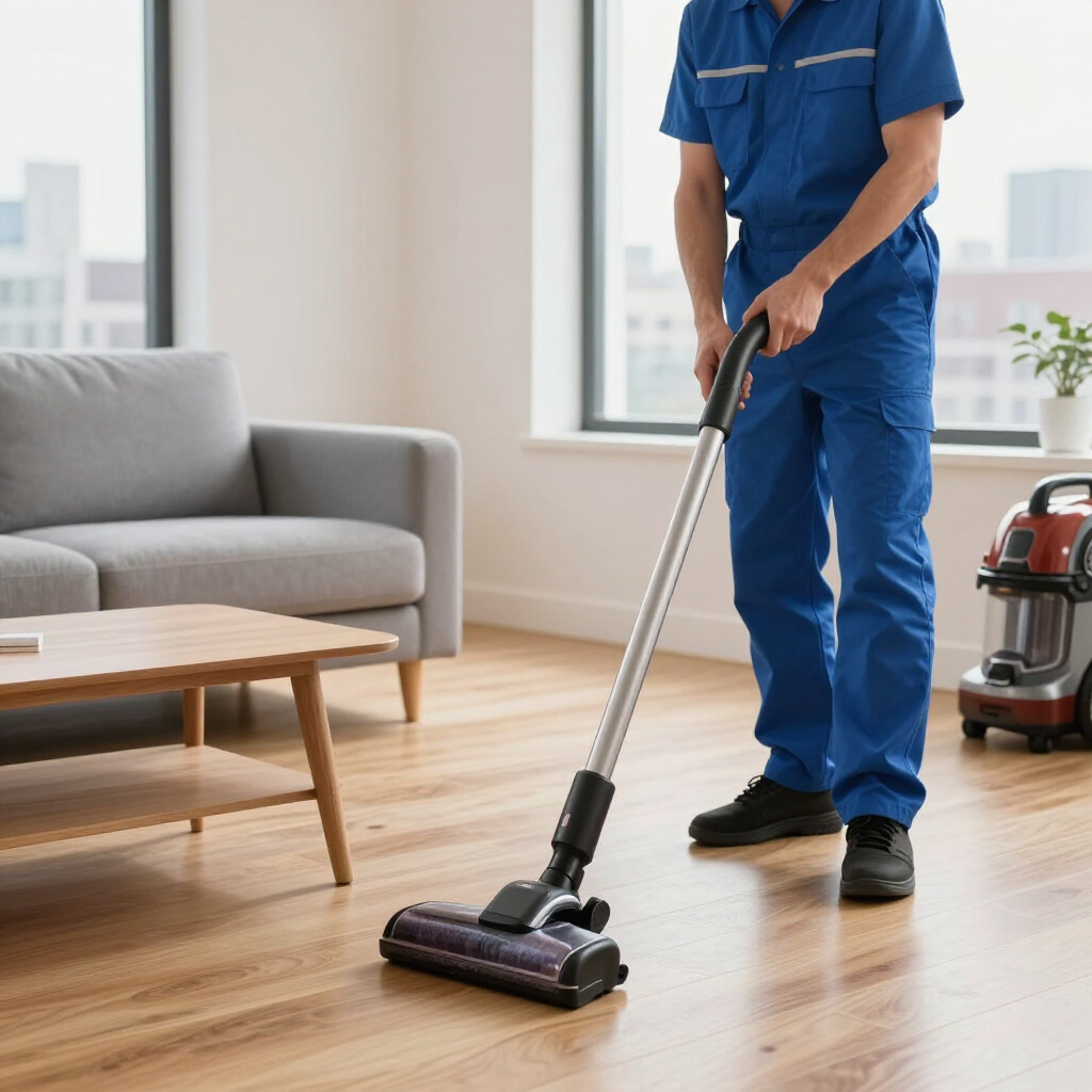Person vacuuming a wooden floor in a bright living room with a sofa and coffee table.