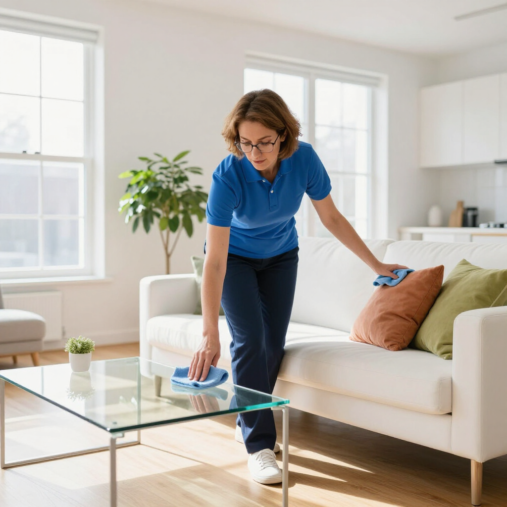 Person dusts a glass coffee table in a bright living room
