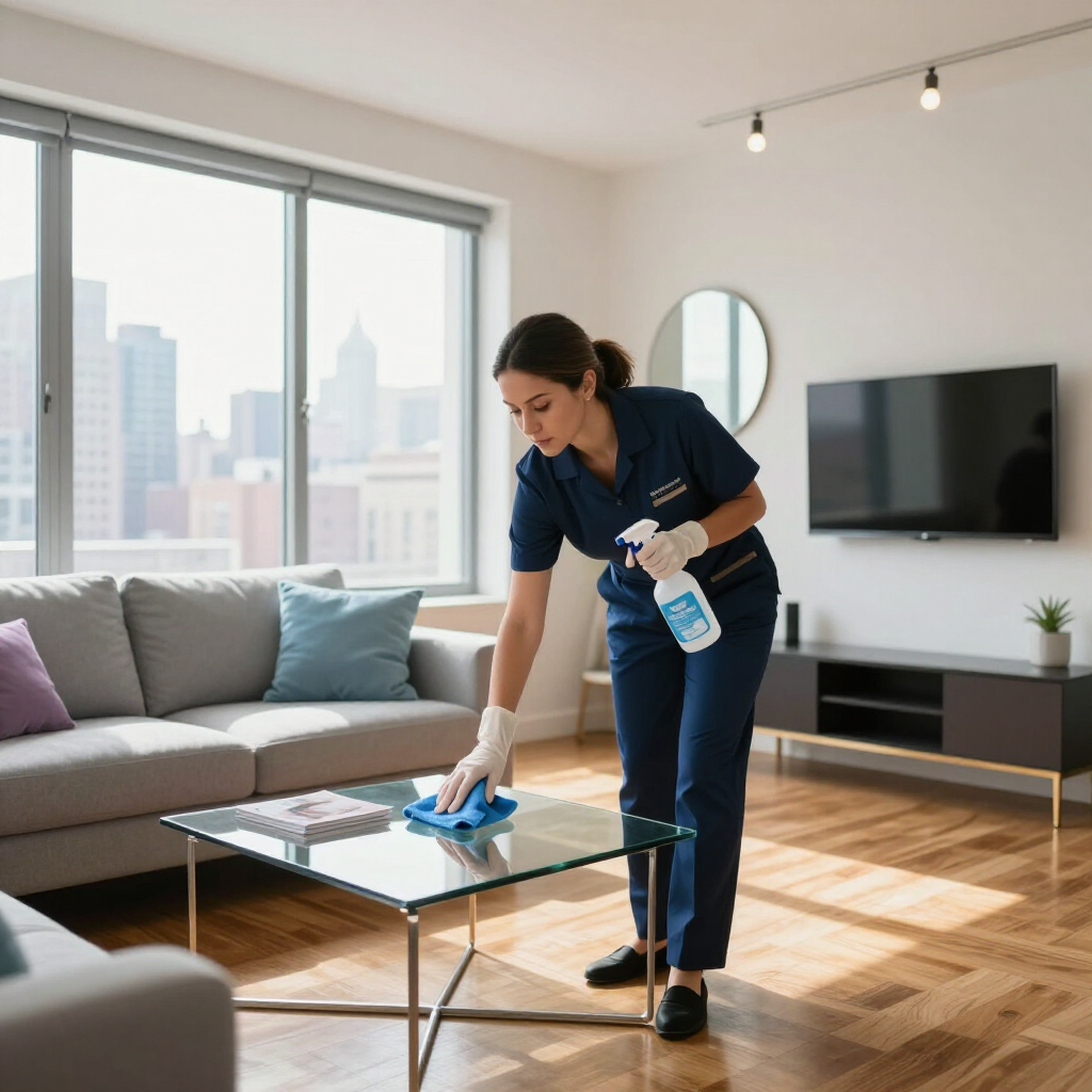 Cleaner wiping a glass coffee table in a bright living room with a city view