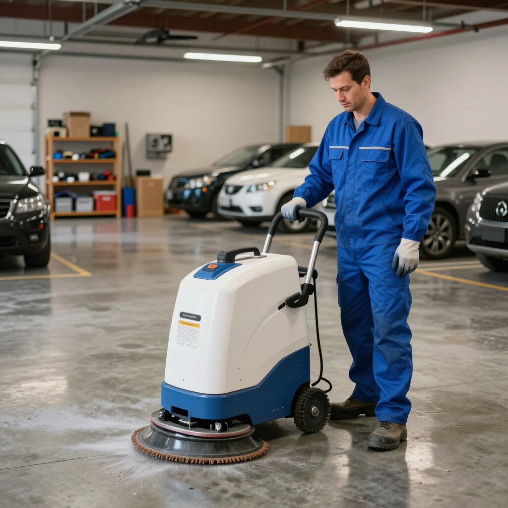 Worker in blue coveralls using a floor scrubber in a garage