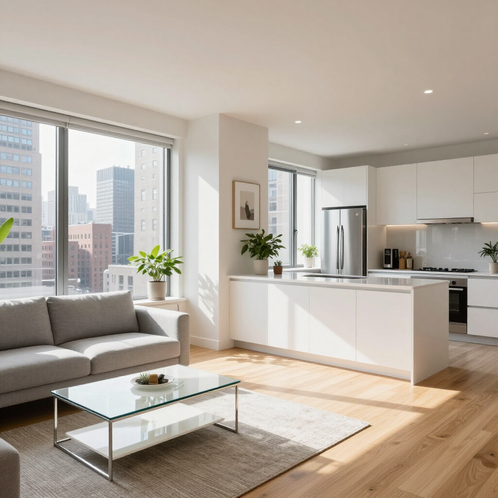 Bright modern living room with gray sofa, glass coffee table, and open kitchen with large windows.