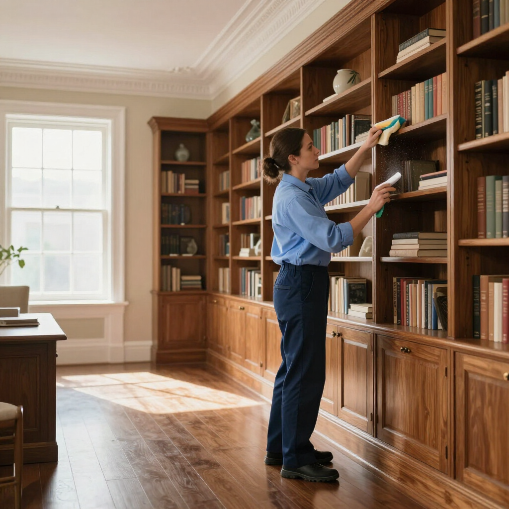 Man arranging books on tall wooden shelves in a sunlit library room