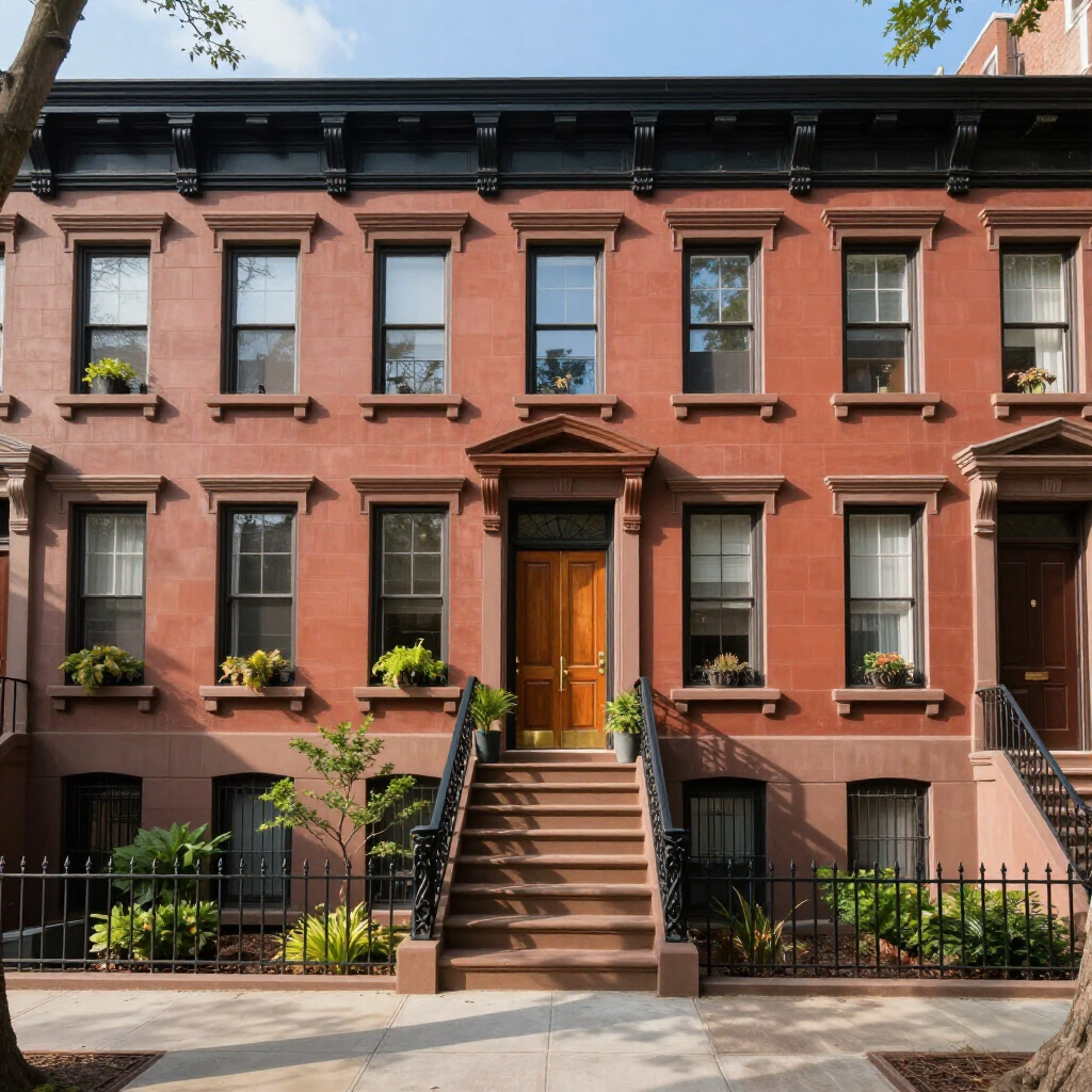 Row houses with brownstone steps and a central stoop on a tree-lined street