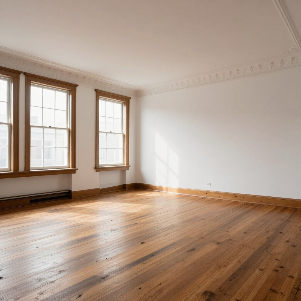 Empty sunlit room with hardwood floors, white walls, and large windows with wood trim