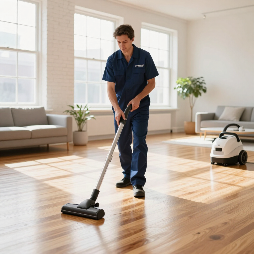 Person vacuuming a sunlit living room with wooden floors and modern furniture.