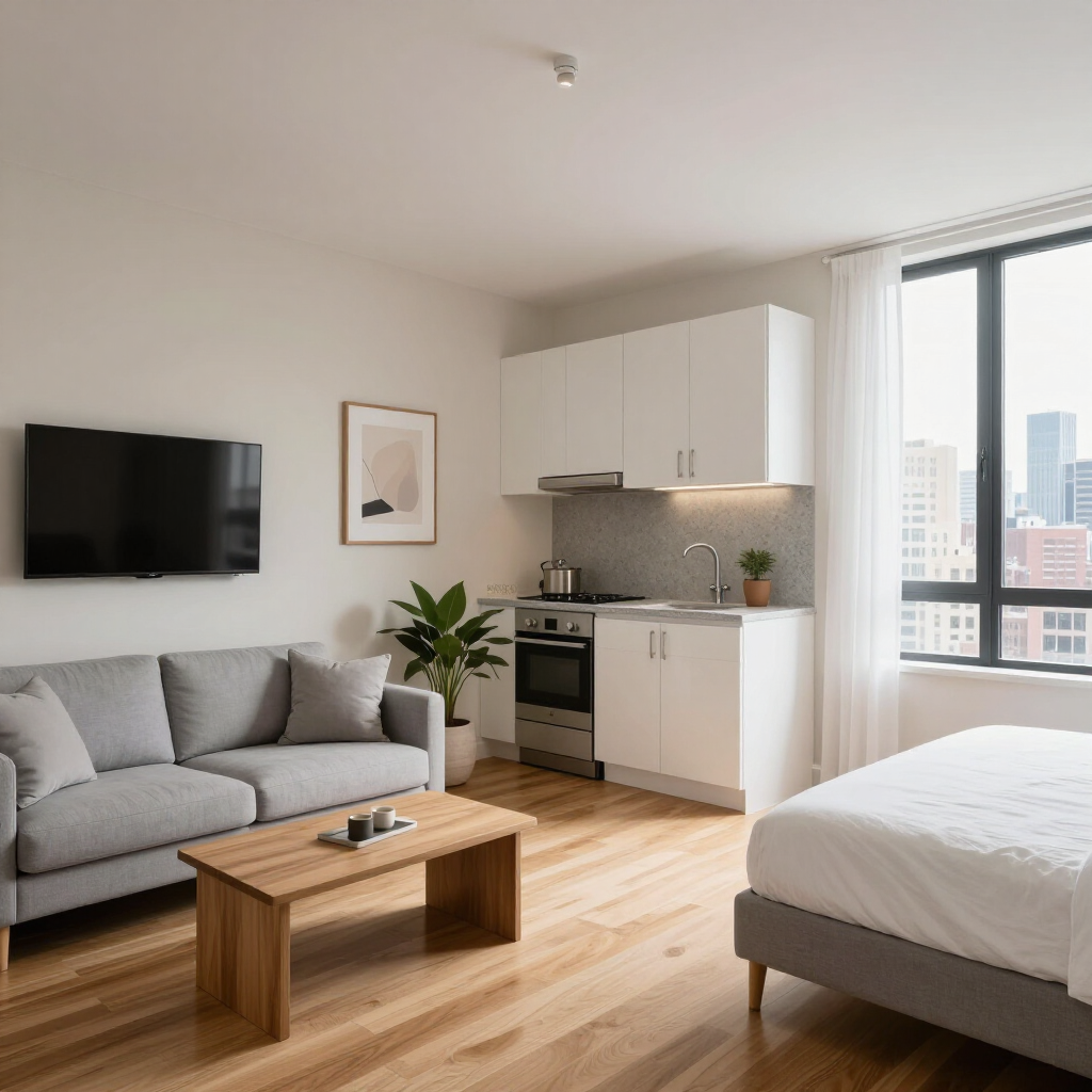 Modern studio apartment with gray sofa, wooden coffee table, bed, kitchenette, and city-view window