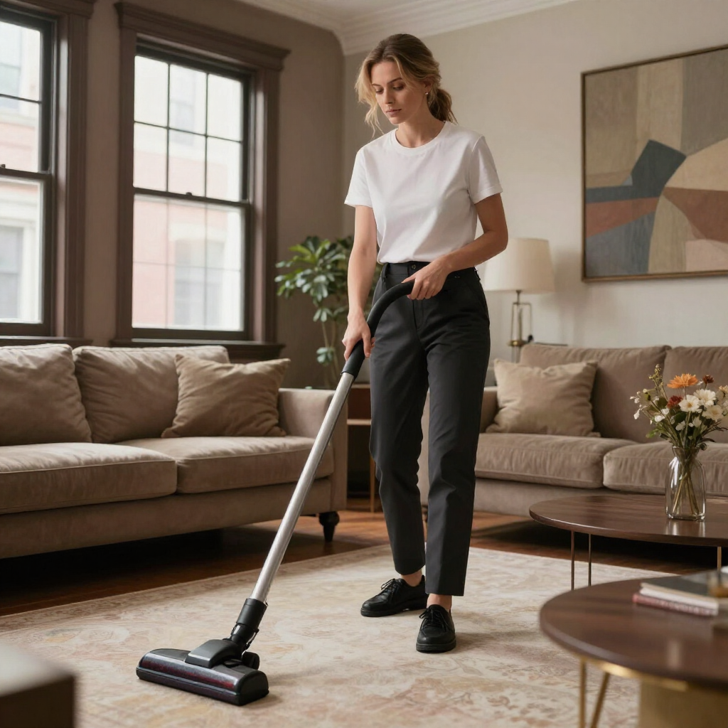 Woman vacuuming a modern living room with a cordless stick vacuum, beige sofa and coffee table nearby.