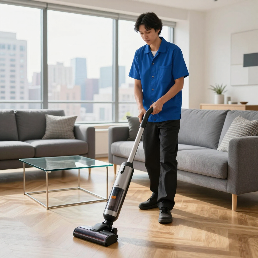 Person vacuuming a wooden floor in a bright living room with gray sofas and large windows