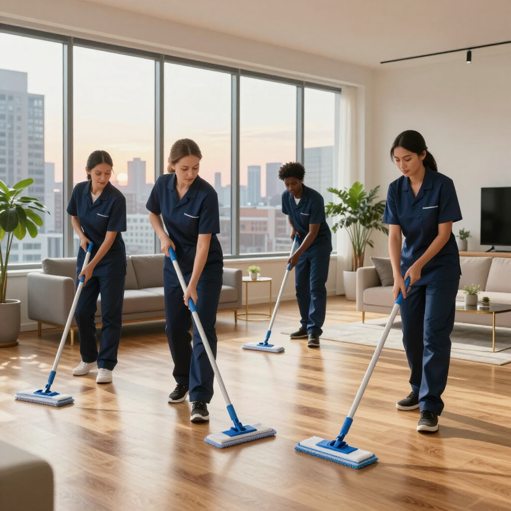 Four cleaners in navy uniforms mopping a bright modern office with large windows.