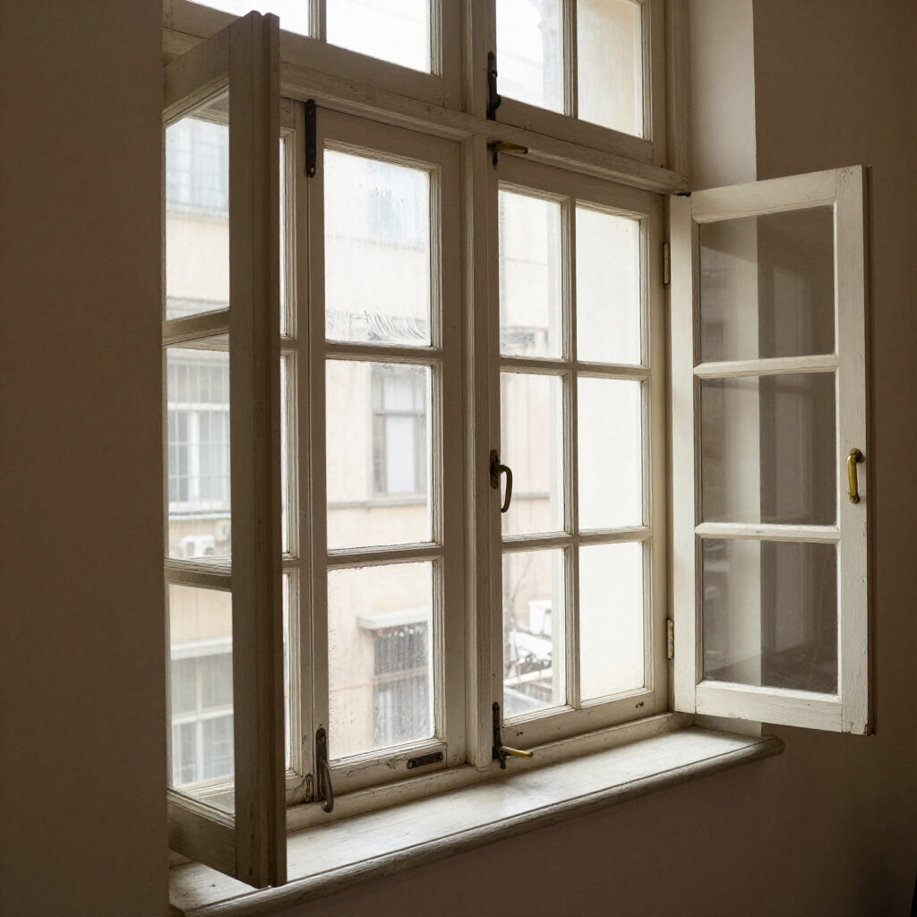 Open white window with bright daylight and buildings visible outside