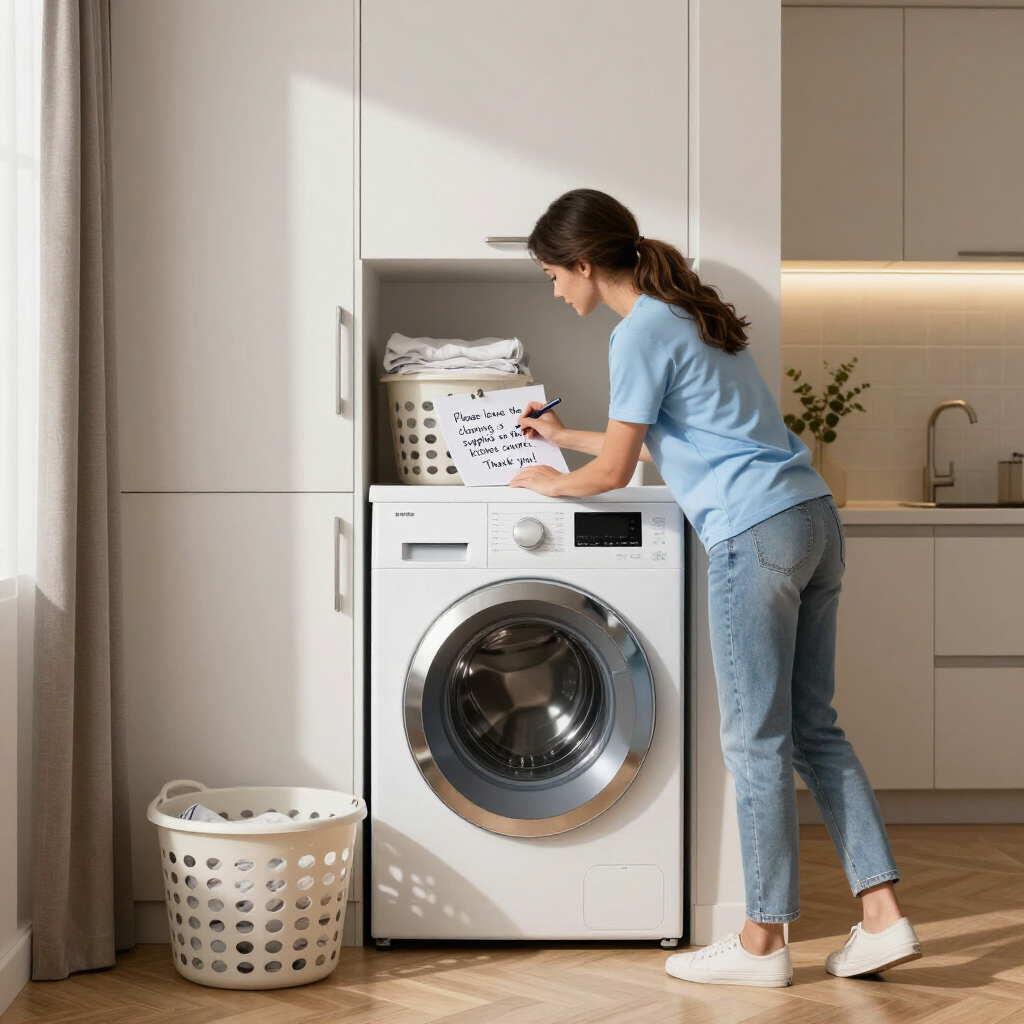 Woman loading laundry into a front-load washer in a modern laundry room