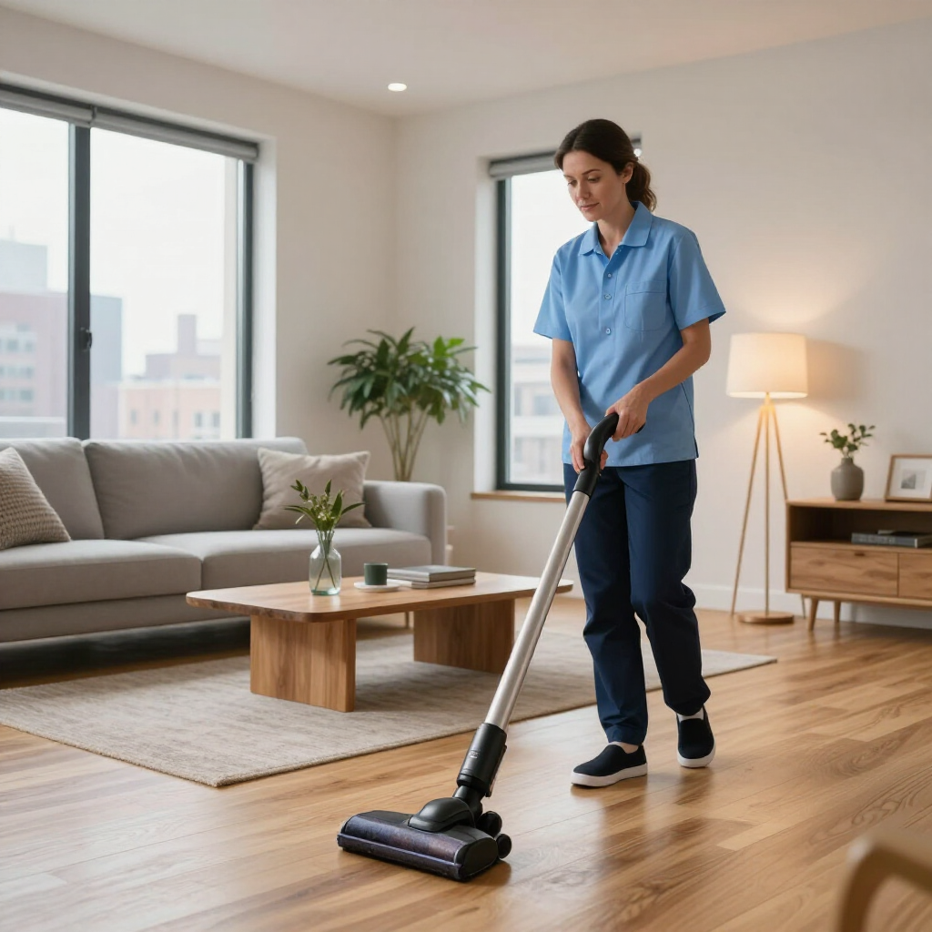 Person vacuuming a modern living room with hardwood floors, sofa, coffee table, and floor lamp
