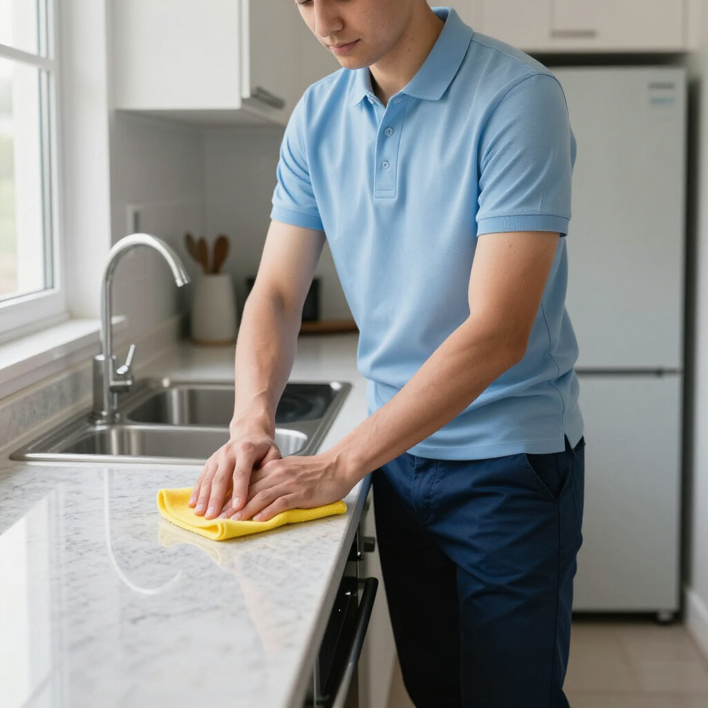Cleaning a kitchen counter with a yellow cloth beside a sink and stove