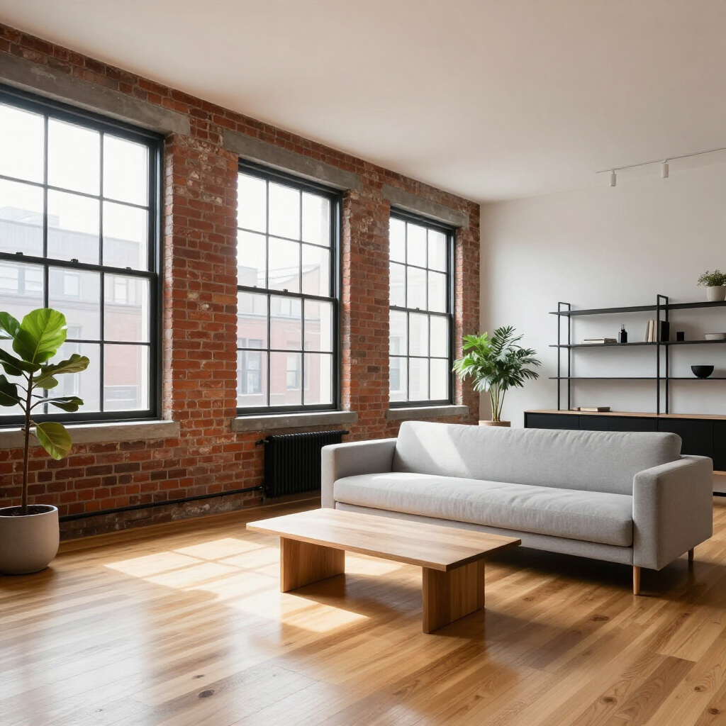 Bright living room with exposed brick walls, large windows, gray sofa, wooden coffee table, and potted plants