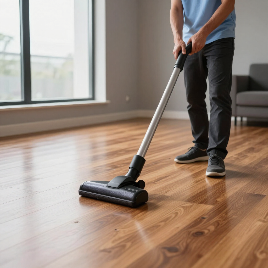 Person vacuuming a shiny wooden floor in a bright living room