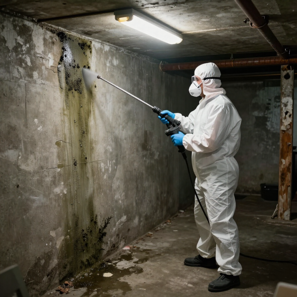 Worker in white protective suit spraying disinfectant on a moldy basement wall