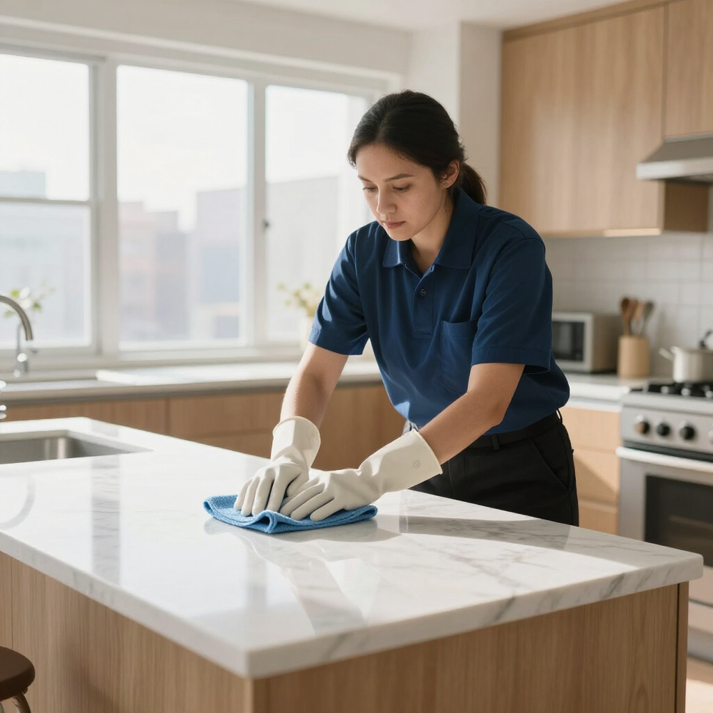 Person cleaning a white kitchen countertop with a blue cloth while wearing gloves
