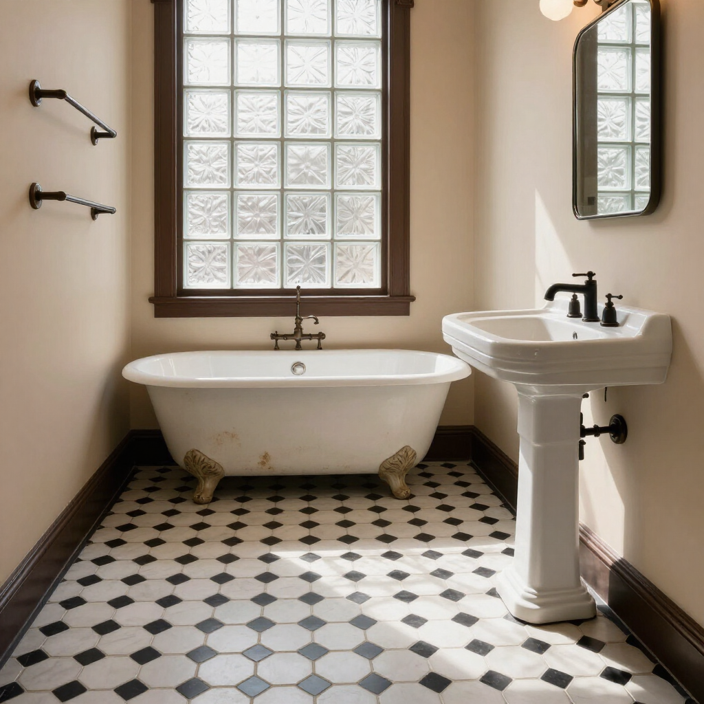 Small vintage bathroom with clawfoot tub, pedestal sink, black-and-white tile, and frosted window.