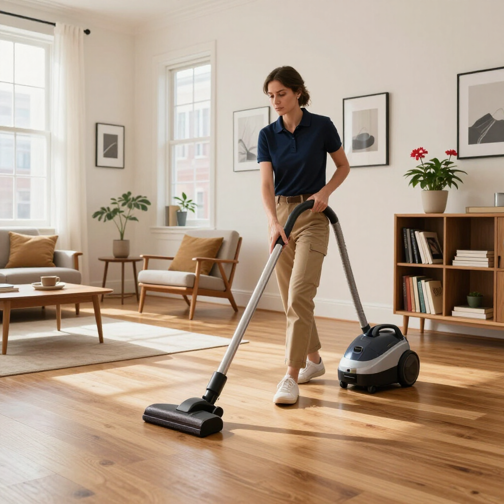 Person vacuuming a sunlit living room with hardwood floors and modern furniture.