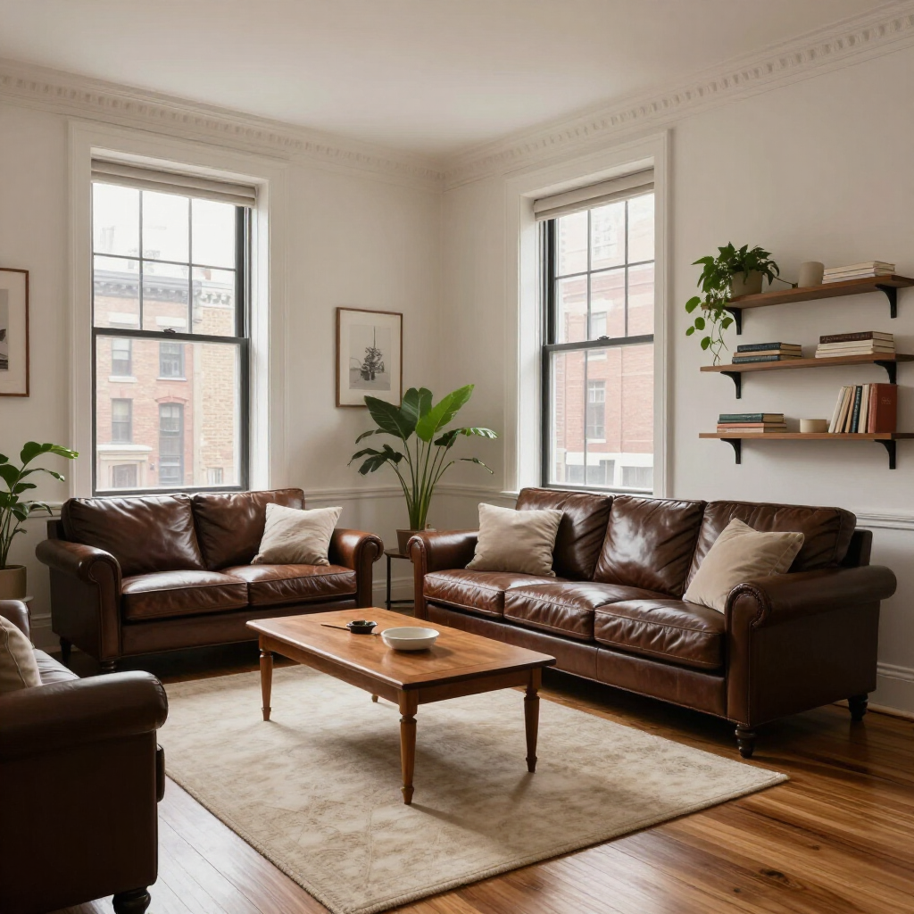 Sunlit living room with brown leather sofas, wooden coffee table, beige rug, and wall shelves by tall windows
