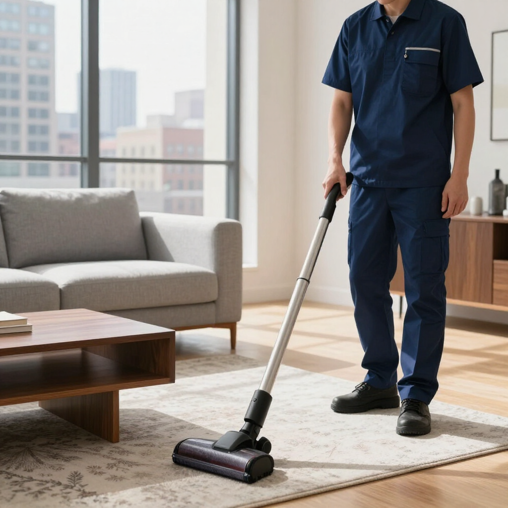 Vacuum cleaner on a living room rug beside a sofa and coffee table, with a cleaner in navy uniform.